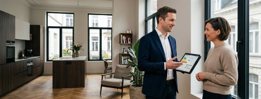 Certificateur agréé réalisant un certificat PEB dans une habitation à Bruxelles