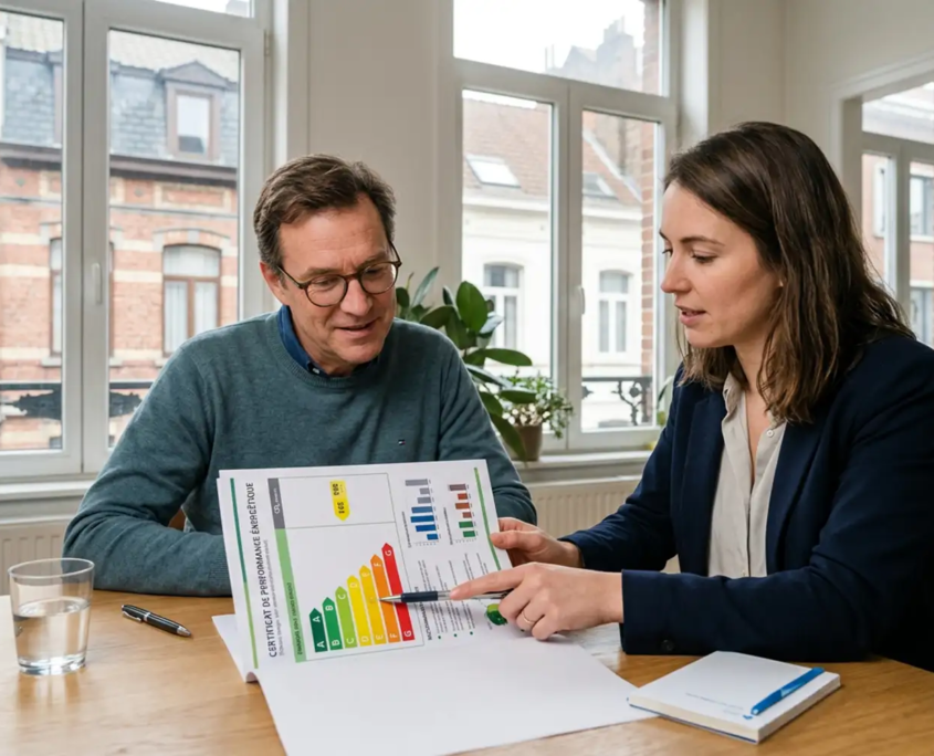 comprendre-certificat-peb-bruxelles Propriétaire analysant les résultats de son certificat PEB dans un appartement bruxellois