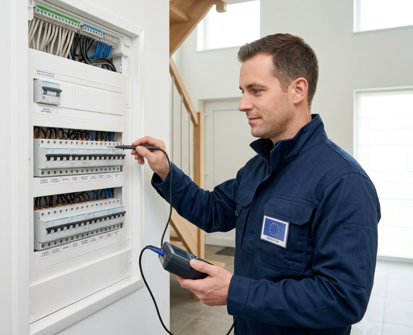 controle-electrique-bruxelles Inspecteur réalisant un contrôle électrique RGIE dans une habitation à Bruxelles