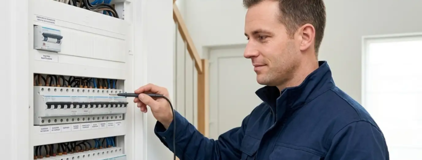 Certificateur agréé réalisant un contrôle électrique dans une habitation à Bruxelles