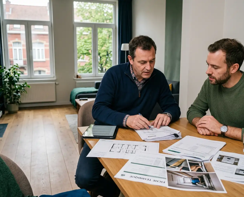 Certificateur PEB examinant des preuves et documents techniques pour un logement à Bruxelles