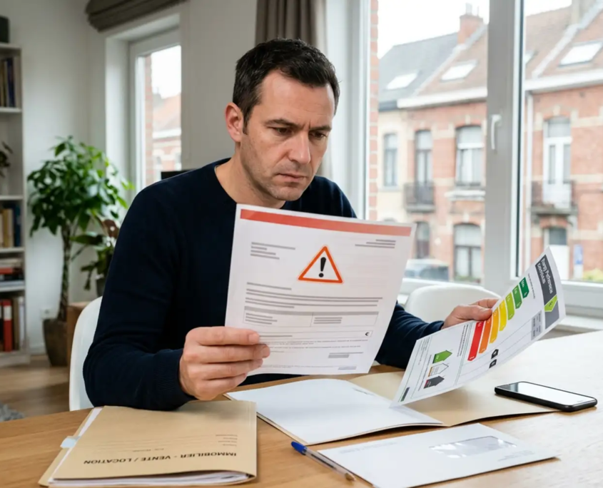 Propriétaire consultant une notification administrative liée à son certificat PEB à Bruxelles