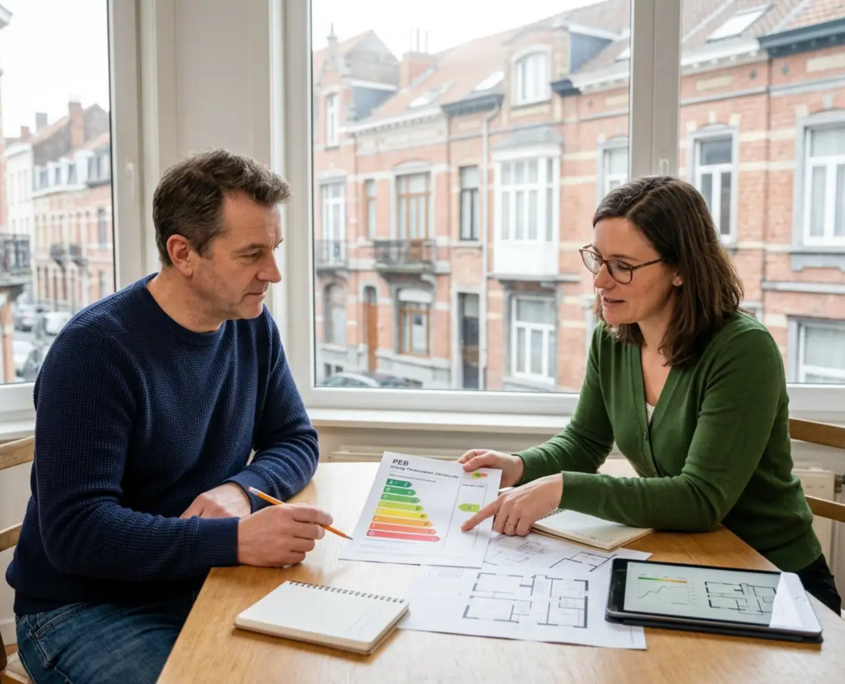 Propriétaire bruxellois préparant la rénovation énergétique de son logement pour l'objectif PEB 2033